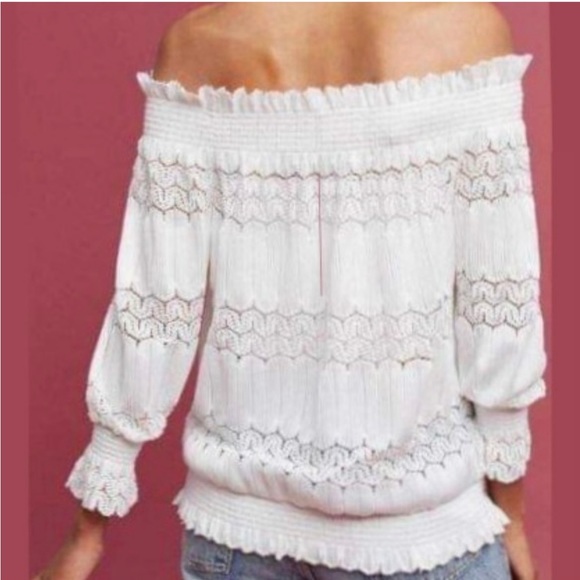 NWT Anthropologie Deletta Riley Long Sleeve Off-shoulder Crochet Lace Smock Top - Picture 5 of 14